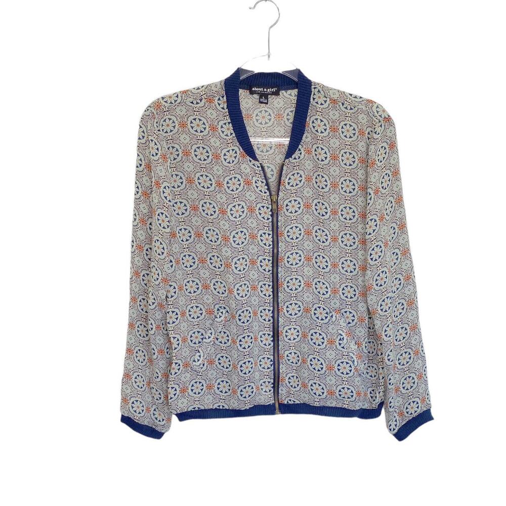 About A Girl Womens Large Top Jacket Full Zip Up Knit Trim Floral‎ Blue Beige